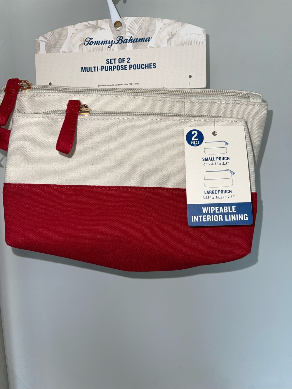 NEW Tommy Bahama Red and Cream Canvas Pouch Set of 2